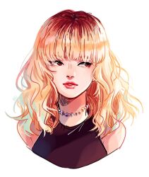 Rule 34 | 1girl, black shirt, blackpink, blonde hair, blunt bangs, close-up, commentary, highres, jewelry, lisa (blackpink), looking to the side, medium hair, mieille, necklace, shirt, simple background, solo, turtleneck, turtleneck shirt, white background