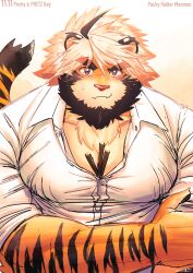 Rule 34 | 1boy, absurdres, ahoge, animal ears, bara, bare pectorals, beard, blush, claws, commentary request, facial hair, furry, furry male, gradient background, hands on own arms, highres, indie virtual youtuber, looking at viewer, male focus, partially unbuttoned, pawpads, pectorals, pocky between chest, pocky day, saro (rotsw 00022), shirt, sweatdrop, tail, thick eyebrows, tiger boy, tiger ears, tiger stripes, tiger tail, trad monmon, virtual youtuber, white shirt