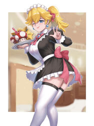Rule 34 | 1girl, alternate costume, among us, apron, ass, blonde hair, blue eyes, breasts, burnt green tea, crewmate (among us), earrings, enmaided, female focus, frilled apron, frills, highres, jewelry, large breasts, maid, maid apron, maid headdress, mario (series), nintendo, no panties, one eye closed, ponytail, princess peach, red (among us), smile, sphere earrings, standing, super mushroom, super star (mario), thighhighs, v, w, when you see it, white thighhighs, wings, wink