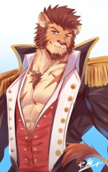Rule 34 | 1boy, abs, animal ears, bara, beard, blue eyes, body fur, brown fur, brown hair, collar, epaulettes, facial hair, fate/grand order, fate (series), fringe trim, furrification, furry, furry male, jacket, large pectorals, lion boy, lion ears, long sideburns, long sleeves, looking at viewer, pectoral cleavage, male focus, military, military uniform, muscular, napoleon bonaparte (fate), open clothes, open jacket, open shirt, pectorals, rabbity art, scar, short hair, sideburns, smile, solo, unbuttoned, uniform, upper body