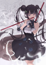 Rule 34 | 1girl, bare shoulders, black hair, blue eyes, bracer, double bun, dress, fate/grand order, fate (series), flower, flute, hair bun, highres, holding, instrument, kodamazon, long hair, solo, twintails, yang guifei (fate), yang guifei (first ascension) (fate)