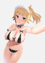 Rule 34 | 1girl, bare shoulders, bikini, blonde hair, blue eyes, blurry, blush, breasts, choker, cowboy shot, depth of field, embarrassed, gundam, gundam build fighters, gundam build fighters try, highres, hoshino fumina, lace, lace-trimmed bikini, lace choker, lace trim, large breasts, looking at viewer, maid, maid bikini, navel, ponytail, reaching, reaching towards viewer, revision, selfie, simple background, skindentation, solo, stomach, swimsuit, thighs, unconventional maid, yuzuriha (active homing)