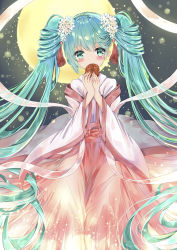 Rule 34 | 1girl, absurdres, blush, commentary request, flower, green eyes, hair flower, hair ornament, hatsune miku, highres, holding, japanese clothes, kimono, long hair, long sleeves, looking at viewer, moon, pink kimono, solo, twintails, very long hair, vocaloid, white flower, white kimono, wide sleeves, yukineko1018
