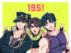 Rule 34 | 3boys, battle tendency, black hair, blue eyes, blue hair, blue shirt, brown hair, chain, crop top, double v, family, fingerless gloves, gloves, green scarf, hat, highres, jojo no kimyou na bouken, jonathan joestar, joseph joestar, joseph joestar (young), kogatarou, kuujou joutarou, male focus, midriff, multicolored clothes, multicolored scarf, multiple boys, muscular, muscular male, phantom blood, scarf, shirt, stardust crusaders, striped clothes, striped scarf, trait connection, v