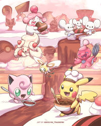 Rule 34 | :d, alcremie, chef hat, chocolate, commentary, creatures (company), cutiefly, food, fruit, fuecoco, game freak, gen 1 pokemon, gen 6 pokemon, gen 7 pokemon, gen 8 pokemon, green eyes, hat, highres, holding, jigglypuff, kelvin-trainerk, maushold, maushold (family of three), mixing bowl, nintendo, no humans, open mouth, pikachu, pokemon, pokemon (creature), quaxly, slurpuff, smile, spoon, sprigatito, strawberry, themed object, tinkatink, tongue, twitter username, watermark, white headwear
