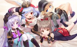 Rule 34 | 4girls, absurdres, animal ears, artist request, ass, bare shoulders, blonde hair, blue eyes, blue hair, boots, bow, cape, dress, fox ears, gothic lolita, grey hair, hair bow, hat, headdress, highres, king&#039;s raid, lavril (king&#039;s raid), lolita fashion, long hair, looking at viewer, luna (king&#039;s raid), lying, multiple girls, on stomach, one eye closed, open mouth, orange eyes, pantyhose, ponytail, purple eyes, rabbit ears, red eyes, requina (king&#039;s raid), rodina (king&#039;s raid), shiny clothes, sitting, skirt, smile, very long hair, wink
