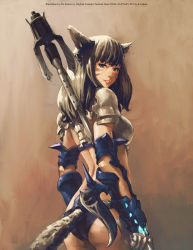 Rule 34 | 10s, 1girl, absurdres, ale (ale halexxx), animal ears, armor, ass, bikini armor, brown eyes, brown hair, cat ears, cat tail, dragoon (final fantasy), facial mark, final fantasy, final fantasy xiv, from behind, highres, jpeg artifacts, long hair, looking at viewer, miqo&#039;te, parted lips, slit pupils, smile, solo, square enix, tail, warrior of light (ff14)
