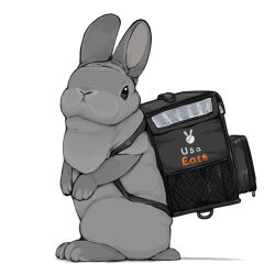 Rule 34 | animal, animal focus, backpack, bag, black bag, blue eyes, brand name imitation, closed mouth, commentary request, full body, lilac (p-f easy), looking to the side, no humans, original, rabbit, solo, standing, uber eats, white background