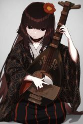 Rule 34 | 1girl, biwa lute, black eyes, black kimono, blunt bangs, brown hair, creepy eyes, fate/grand order, fate (series), flower, gradient hair, hair flower, hair ornament, highres, holding, holding instrument, instrument, japanese clothes, kamo ashi, kimono, long hair, lute (instrument), multicolored hair, music, playing instrument, sen no rikyu (fate), simple background, sitting, solo
