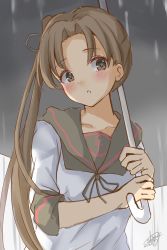 Rule 34 | 1girl, anchor symbol, ayanami (kancolle), ayanami kai ni (kancolle), black sailor collar, brown eyes, brown hair, calin, commentary request, dated, highres, kantai collection, long hair, looking at viewer, one-hour drawing challenge, parted lips, rain, sailor collar, school uniform, serafuku, side ponytail, signature, solo, umbrella, upper body