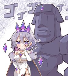 Rule 34 | 1girl, blush, breasts, bridal gauntlets, cape, commentary, dadseki (koseki bijou), dress, earrings, elbow gloves, english commentary, fur trim, gem, gloves, gold trim, grey hair, hair flaps, hand on own cheek, hand on own face, highres, hololive, hololive english, jewelry, kukie-nyan, looking at viewer, medium breasts, moai, moai (koseki bijou), momseki (koseki bijou), off shoulder, purple cape, purple eyes, purple gemstone, side slit, smile, solo, stand (jojo), thigh strap, tiara, virtual youtuber, white dress, white gloves