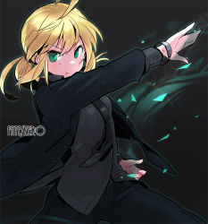 Rule 34 | 1girl, artoria pendragon (all), artoria pendragon (fate), bad id, bad pixiv id, blonde hair, copyright name, excalibur (fate/stay night), fate/stay night, fate/zero, fate (series), formal, green eyes, henshin, kamen rider, kitakarai, necktie, pant suit, pants, ponytail, saber (fate), solo, suit, sword, weapon