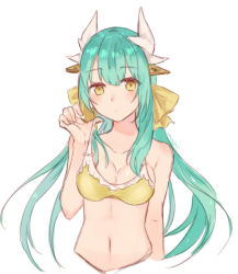 Rule 34 | 1girl, bare arms, bare shoulders, bikini, blue hair, blush, bow, breasts, closed mouth, fate/grand order, fate (series), hair bow, hair ornament, hand up, horns, kiyohime (fate), kiyohime (fate/grand order), kiyohime (swimsuit lancer) (fate), kiyohime (swimsuit lancer) (first ascension) (fate), long hair, medium breasts, mochii, navel, solo, swimsuit, upper body, yellow bikini, yellow bow, yellow eyes
