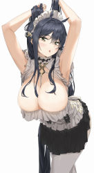 Rule 34 | 1girl, absurdres, arms up, azur lane, bare arms, between breasts, black hair, black skirt, blush, breasts, choker, cleavage, cowboy shot, frilled choker, frilled shirt, frills, green eyes, hair between eyes, hair ornament, head tilt, highres, holding, holding hair, indomitable (azur lane), indomitable (ms. motivationless maid) (azur lane), large breasts, leaning forward, long hair, looking at viewer, maid, maid headdress, official alternate costume, pantyhose, pixel (yuxian), pleated skirt, revealing clothes, shirt, sidelocks, simple background, skirt, sleeveless, solo, standing, tongue, tongue out, very long hair, white background, white pantyhose