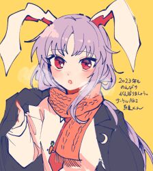 Rule 34 | 1girl, 2023, :o, adjusting clothes, animal ears, black jacket, blazer, breath, cable knit, carrot pin, chinese zodiac, crescent print, enpera, fringe trim, hand up, itomugi-kun, jacket, jacket on shoulders, light purple hair, long hair, long sleeves, looking at viewer, necktie, parted lips, purple hair, rabbit ears, red eyes, red necktie, red scarf, reisen udongein inaba, scarf, shirt, simple background, solo, touhou, translation request, upper body, white shirt, winter clothes, year of the rabbit, yellow background