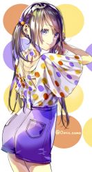 Rule 34 | 1girl, arms up, blue eyes, brown hair, dotted background, ear piercing, earrings, from behind, highres, jewelry, long hair, looking at viewer, looking back, multicolored polka dots, okutani toro, original, piercing, polka dot, shirt, short sleeves, shorts, solo, twintails, wide sleeves