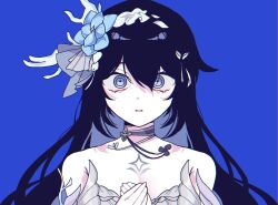 Rule 34 | 1girl, bare shoulders, black hair, blue background, blue eyes, blue flower, blue hair, commentary request, dduehddueh, dress, eyebrows hidden by hair, flower, grey dress, hair between eyes, hair flower, hair ornament, hands up, honkai (series), honkai impact 3rd, korean commentary, long hair, looking at viewer, multicolored hair, own hands together, parted lips, seele vollerei, solo, strapless, strapless dress, two-tone hair, upper body