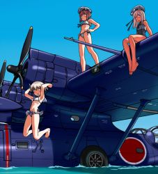 Rule 34 | 3girls, aircraft, arms up, bikini, blonde hair, blush, bow, brown hair, consolidated pby catalina, day, flower, full body, hair flower, hair ornament, hands on own hips, hat, jumping, kantai collection, long hair, multiple girls, one-piece swimsuit, open mouth, outdoors, porusasu, ribbon, ro-500 (kancolle), sailor hat, short hair, side-tie bikini bottom, sitting, sky, standing, swimsuit, swimsuit under clothes, tan, water, z1 leberecht maass (kancolle), z3 max schultz (kancolle)