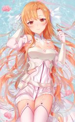 Rule 34 | 1girl, arm up, armor, armored dress, armpits, artist name, asuna (sao), asymmetrical bangs, bare shoulders, blush, breastplate, breasts, brown eyes, brown hair, cleavage, commentary, dress, elbow gloves, english commentary, flower, from above, garter straps, gloves, twirling hair, long hair, looking at viewer, lying, on back, petals, pink flower, rimuu, sample watermark, shallow water, small breasts, solo, sparkle, sword art online, thighhighs, thighs, veil, very long hair, water, watermark, web address, white armor, white dress, white gloves, white thighhighs, zettai ryouiki
