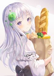 Rule 34 | &gt; &lt;, 1girl, bag, baguette, black bow, blush, bow, bread, broccoli, commentary request, food, grey background, groceries, grocery bag, hair ornament, highres, hyonee, long hair, long sleeves, looking at viewer, looking back, hugging object, original, paper bag, parted lips, purple eyes, shirt, shopping bag, silver hair, solo, very long hair, white shirt, wide sleeves
