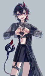Rule 34 | 1girl, absurdres, asymmetrical clothes, asymmetrical horns, black choker, black horns, black shorts, breasts, chain, chain necklace, choker, collared shirt, commentary request, cowboy shot, crop top, crossed bangs, demon girl, demon horns, demon tail, earrings, fingernails, fyuu-ka, gradient horns, grey background, grey shirt, hair between eyes, heart, heart hands, highres, horns, jewelry, layered sleeves, long bangs, long hair, long sleeves, looking at viewer, medium breasts, multicolored hair, multicolored horns, multiple earrings, nanashi inc., necklace, official alternate costume, open mouth, pointy ears, purple eyes, red hair, red horns, red nails, ryugasaki rene, ryugasaki rene (4th costume), shirt, short hair, short over long sleeves, short sleeves, shorts, simple background, smile, solo, streaked hair, studded choker, suspender shorts, suspenders, tail, tongue, two-tone hair, uneven horns, very long hair, virtual youtuber