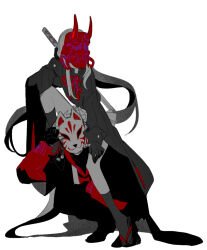 Rule 34 | 1girl, 1other, bad id, bad pixiv id, fox mask, katana, long hair, looking at viewer, lunch (lunchicken), mask, oni mask, original, ribbon, sandals, simple background, sitting, sitting on person, squatting, sword, weapon, white background