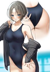 Rule 34 | 1girl, absurdres, adjusting clothes, adjusting swimsuit, ass, bare shoulders, blue eyes, blue one-piece swimsuit, blue swimsuit, blush, breasts, cleavage, collarbone, competition swimsuit, covered navel, cowboy shot, grey hair, grey jacket, hand on own thigh, highleg, highleg swimsuit, highres, jacket, large breasts, long sleeves, looking at viewer, multiple views, off shoulder, one-piece swimsuit, original, parted bangs, parted lips, short hair, sino42, solo, sportswear, swimsuit, swimsuit under clothes, wet