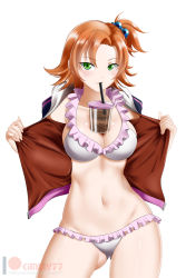 Rule 34 | 1girl, bikini, breasts, brown hair, cleavage, collarbone, drinking straw, frilled bikini, frills, gluteal fold, green eyes, groin, hair between eyes, hair bobbles, hair ornament, highres, jacket, kimmy77, looking at viewer, medium breasts, mouth hold, navel, nora valkyrie, one side up, open clothes, open jacket, patreon logo, rwby, short hair, sideboob, simple background, solo, standing, swimsuit, watermark, white background, white bikini