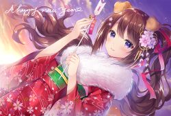 Rule 34 | 1girl, animal ears, arrow (projectile), bell, blush, brown hair, chinese zodiac, closed mouth, cloud, commentary request, dog ears, dutch angle, floral print, flower, fur collar, hair between eyes, hair flower, hair ornament, hair ribbon, hamaya, happy new year, holding, holding arrow, japanese clothes, jingle bell, kimono, long hair, looking at viewer, new year, noda shuha, original, outdoors, print kimono, purple eyes, red kimono, red ribbon, ribbon, side ponytail, sky, smile, solo, very long hair, year of the dog