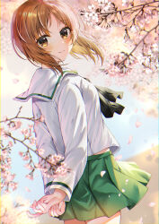 Rule 34 | 1girl, absurdres, arms behind back, black neckerchief, blouse, brown eyes, brown hair, cherry blossoms, commentary request, commission, cowboy shot, day, dutch angle, from side, girls und panzer, green skirt, highres, long sleeves, looking at viewer, looking back, miniskirt, neckerchief, nishizumi miho, ooarai school uniform, open mouth, outdoors, own hands together, partial commentary, pleated skirt, sailor collar, school uniform, serafuku, shirt, short hair, skeb commission, skirt, smile, solo, spring (season), tree, white sailor collar, white shirt, wind, yam (yamap mako)