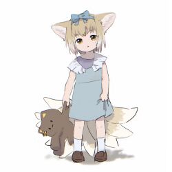 Rule 34 | 1girl, aged down, alternate costume, animal ears, arknights, artist name, blonde hair, blue dress, blue hairband, bow, bow hairband, brown footwear, commentary request, dress, fox ears, fox girl, fox tail, full body, hair bow, hairband, highres, holding, holding stuffed toy, kitsune, kyuubi, looking at viewer, multicolored hair, multiple tails, niwatori (akira 207), parted lips, purple shirt, shadow, shirt, shoes, short hair, simple background, sleeveless, sleeveless dress, socks, solo, standing, stuffed toy, suzuran (arknights), tail, two-tone hair, watermark, white background, white hair, white socks, yellow eyes
