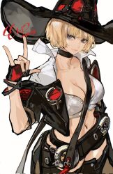 Rule 34 | 1girl, 2023, belt, black gloves, black nails, black thighhighs, blonde hair, bob cut, breasts, choker, cleavage, collarbone, crop top, dated, found modori, glasses, gloves, guilty gear, guilty gear strive, hand gesture, hat, highres, i-no, large breasts, midriff, mole, mole above mouth, mole under eye, nail polish, navel, one eye closed, simple background, sitting, solo, standing, stomach, thighhighs, thighs, white background, witch hat