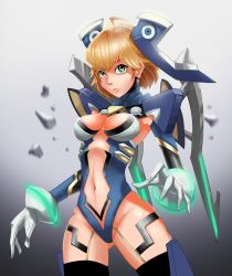 Rule 34 | 1girl, absurdres, blonde hair, breasts, brew.art, center opening, cowboy shot, cyborg, fiora (xenoblade), gradient background, green eyes, grey background, highres, mecha-fiora, mecha-fiora (speed cowling), medium breasts, navel, short hair, solo, thighhighs, white background, xenoblade chronicles (series), xenoblade chronicles 1
