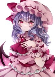 Rule 34 | 1girl, alternate hairstyle, arm at side, ascot, back bow, bat wings, blue hair, blush, bow, closed mouth, commentary, cowboy shot, dress, eyelashes, frilled ascot, frilled shirt collar, frills, gem, hair between eyes, hand up, hat, hat bow, highres, jaku sono, light particles, looking at viewer, medium hair, mob cap, pink hat, pink shirt, pink skirt, pointy ears, polka dot, polka dot dress, puffy short sleeves, puffy sleeves, red ascot, red bow, red eyes, red gemstone, remilia scarlet, shirt, short sleeves, signature, simple background, skirt, sleeve bow, slit pupils, smile, solo, split mouth, touhou, tsurime, vampire, white background, wings