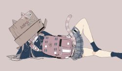 Rule 34 | 1girl, animal ears, arm support, backpack, bag, black footwear, box, box on head, cardboard box, cat tail, commentary request, daisukerichard, fake animal ears, flat color, highres, long hair, lying, on side, original, pink background, pink bag, pink hair, plaid, plaid skirt, pleated skirt, simple background, skirt, socks, solo, tail