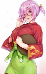 Rule 34 | 1girl, adjusting eyewear, blue gk, blush, breasts, fate/grand order, fate (series), flame print, glasses, green hakama, hair over one eye, hair ribbon, hakama, hakama skirt, highres, japanese clothes, kimono, large breasts, light purple hair, long sleeves, looking at viewer, mash kyrielight, mash kyrielight (enma-tei uniform), official alternate costume, open mouth, purple eyes, red kimono, ribbon, sash, short hair, short ponytail, skirt, smile, solo, tray, wide sleeves, yellow ribbon