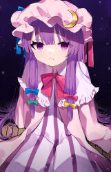 Rule 34 | 1girl, absurdres, blue bow, blue ribbon, blunt bangs, bow, capelet, commentary request, crescent, crescent hat ornament, dark background, dress, fir0el, frown, green bow, hair bow, hat, hat ornament, hat ribbon, highres, light particles, long hair, looking at viewer, mob cap, partial commentary, patchouli knowledge, purple eyes, purple hair, red bow, red ribbon, ribbon, robe, sitting, solo, spotlight, striped clothes, striped dress, touhou, vertical-striped clothes, vertical-striped dress, very long hair, yellow bow