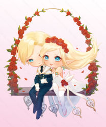 Rule 34 | 1boy, 1girl, bare shoulders, barefoot, black necktie, black suit, blonde hair, blue eyes, cape, couple, detached sleeves, dress, earrings, eye contact, feathers, flower, formal, gloves, hair flower, hair ornament, hand on another&#039;s chest, hand on another&#039;s leg, heart, highres, janna (league of legends), jewelry, league of legends, bridal garter, long hair, looking at another, necklace, necktie, necktie grab, neckwear grab, parted lips, petals, pointy ears, red flower, red rose, ring, rose, rose petals, short hair, sitting, sitting on lap, sitting on person, smile, strapless, strapless dress, suit, talon (league of legends), tora han, wedding dress, white background, white cape, white dress, white gloves