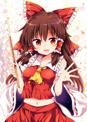 Rule 34 | 1girl, ascot, between breasts, bow, breasts, brown hair, commentary request, detached sleeves, gohei, hair bow, hair tubes, hakurei reimu, hand up, highres, holding, long hair, looking at viewer, maturiuta sorato, medium breasts, midriff, miniskirt, navel, open mouth, red bow, red eyes, red skirt, ribbon-trimmed sleeves, ribbon trim, shide, skirt, skirt set, smile, solo, touhou, vest, wavy hair, yellow ascot