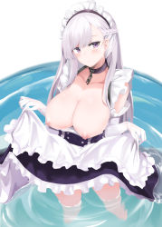 Rule 34 | 1girl, apron, azur lane, belfast (azur lane), blush, braid, breasts, breasts out, chain, choker, cleavage, clothes lift, collarbone, dress, dress lift, elbow gloves, gloves, highres, large breasts, lifting own clothes, long hair, looking at viewer, maid, maid apron, maid headdress, nipples, purple dress, purple eyes, ripples, ru zhai, silver hair, sleeveless, sleeveless dress, solo, standing, wading, water, white background, white gloves