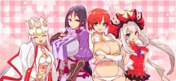 Rule 34 | 4girls, bare shoulders, black skirt, blue eyes, boudica (fate), breast hold, breasts, checkered background, cleavage, covered navel, crossed arms, crown, detached sleeves, dress, dress of heaven, drill hair, closed eyes, fate/grand order, fate/stay night, fate (series), fingerless gloves, flat chest, gloves, green eyes, hands on own chest, hat, huge breasts, irisviel von einzbern, irisviel von einzbern (caster), jewelry, juliet sleeves, large breasts, long hair, long sleeves, looking at viewer, marie antoinette (fate), medium breasts, midriff, mature female, minamoto no raikou (fate), multiple girls, navel, open mouth, pleated skirt, ponytail, puffy sleeves, purple eyes, purple hair, red hair, short hair, short ponytail, skirt, sleeveless, sleeveless dress, sleeves past wrists, smile, tassel, trait connection, twin drills, twintails, very long hair, waving, white dress, white hair, wide sleeves, yakan (kusogaki teikoku)