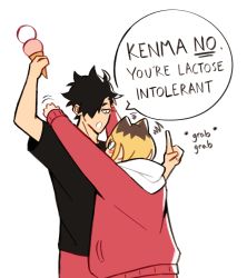 Rule 34 | 2boys, :o, animal ears, black hair, black shirt, blonde hair, cat boy, cat ears, character name, claireiosity, english text, eyebrows, food, grabbing, haikyuu!!, hair down, hair over one eye, hair up, height difference, highres, holding, holding food, hood, hood down, ice cream, jacket, kozume kenma, kuroo tetsurou, light blush, long sleeves, male focus, multicolored hair, multiple boys, one eye covered, open mouth, pale skin, pants, parted bangs, pointing, reaching, red jacket, red legwear, red pants, shirt, short hair, short sleeves, sleeves past elbows, slit pupils, sound effects, speech bubble, spiked hair, standing, t-shirt, talking, track jacket, track pants, track suit, two-tone hair, white background