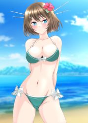 Rule 34 | 1girl, arms behind back, beach, bikini, blue eyes, blue sky, breasts, brown hair, cleavage, cloud, commentary request, cowboy shot, day, flower, green bikini, groin, hair flower, hair ornament, hairclip, headgear, highres, horizon, kantai collection, large breasts, maya (kancolle), nitamako (sakamalh), ocean, outdoors, short hair, sky, solo, swimsuit, x hair ornament