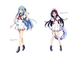 Rule 34 | 2girls, :d, absurdres, ahoge, arms behind back, asuna (sao-alo), blue eyes, blue footwear, blue hair, blue sailor collar, bow, bow hairband, collarbone, dress, floating hair, full body, hair bow, hair intakes, hair ribbon, hairband, highres, innertube, long hair, looking at viewer, multiple girls, neckerchief, official art, open mouth, pleated dress, pointy ears, purple hair, red bow, red eyes, red hairband, red neckerchief, red ribbon, ribbon, sailor collar, short dress, short sleeves, simple background, smile, swim ring, sword art online, very long hair, white background, white dress, yellow ribbon, yuuki (sao)