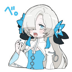 Rule 34 | 1girl, akichi 360, blue dress, blue eyes, blue flower, blue hair, blue nails, blush stickers, cleavage cutout, clothing cutout, commentary request, cropped torso, dress, fangs, flower, grey hair, hair flower, hair ornament, hair over one eye, hand up, high collar, highres, isekai joucho, juliet sleeves, kamitsubaki studio, long hair, long sleeves, looking at viewer, multicolored hair, o-ring, open mouth, pointing, pointing at self, puffy sleeves, shrug (clothing), sidelocks, simple background, solo, streaked hair, tareme, tongue, tongue out, virtual youtuber, white background, wide sleeves
