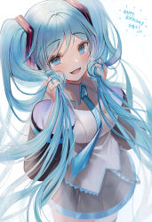 Rule 34 | 1girl, :d, absurdres, black skirt, black sleeves, black thighhighs, blue eyes, blue hair, blue necktie, blurry, blush, collared shirt, cowboy shot, detached sleeves, floating hair, hair between eyes, happy birthday, hatsune miku, highres, holding, holding hands, holding own hair, long hair, long sleeves, miniskirt, necktie, open mouth, parayang, pleated skirt, shirt, simple background, skirt, sleeveless, sleeveless shirt, smile, solo, standing, thighhighs, twintails, very long hair, vocaloid, white background, white shirt, wing collar, zettai ryouiki