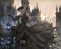 Rule 34 | 1girl, aaeru, absurdres, bird, black gloves, blonde hair, bloodborne, boots, chain, cross-laced footwear, crow, earrings, from side, gloves, hat, high heel boots, high heels, highres, jacket, jewelry, knee boots, lace-up boots, lady maria of the astral clocktower, lamp, long hair, mafuyu (867208837), md5 mismatch, open clothes, open jacket, pants, ponytail, red eyes, smile, solo, sword, the old hunters, weapon