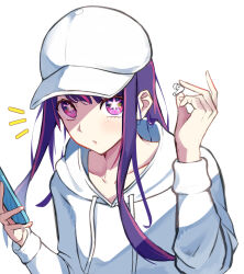 Rule 34 | 1girl, airpods, baseball cap, cellphone, earphones, hat, highres, holding, holding earphones, holding phone, hood, hoodie, hoshino ai (oshi no ko), long hair, long sleeves, looking at viewer, multicolored hair, official alternate costume, osashimi 0343x, oshi no ko, phone, pink hair, purple eyes, purple hair, smartphone, star-shaped pupils, star (symbol), star in eye, streaked hair, symbol-shaped pupils, symbol in eye, upper body, white hat, white hoodie, wireless earphones