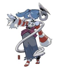Rule 34 | 1girl, 770mk, blue hair, blue skin, closed eyes, colored skin, detached collar, detached sleeves, dress, full body, hair over one eye, highres, leviathan (skullgirls), music, open mouth, side ponytail, singing, skullgirls, socks, solo, squigly (skullgirls), standing, stitched mouth, stitches, striped clothes, striped sleeves, striped socks, white background, wide hips, zombie