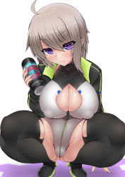 Rule 34 | 1girl, ahoge, alice gear aegis, boots, breasts, can, cleavage, cleavage cutout, clothing cutout, covered erect nipples, covered navel, ear piercing, energy drink, full body, heattech leotard, high heels, highleg, highleg leotard, highres, holding, holding can, kiramashi (satsujinki), large breasts, leotard, looking at viewer, murao mira, piercing, purple eyes, red pupils, shrug (clothing), silver hair, solo, spread legs, squatting, thigh boots, thighhighs, turtleneck, unzipped, white leotard
